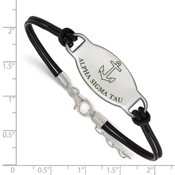 Sterling Silver Alpha Sigma Tau Enamel Blk Leather Bracelet - 7 in. - Picture 2 of 4